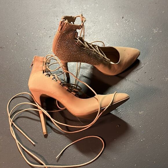 Size 10 Custom Taupe Champagne Charlotte Russe Glitter Ankle Wrap Stilettos - Picture 4 of 8